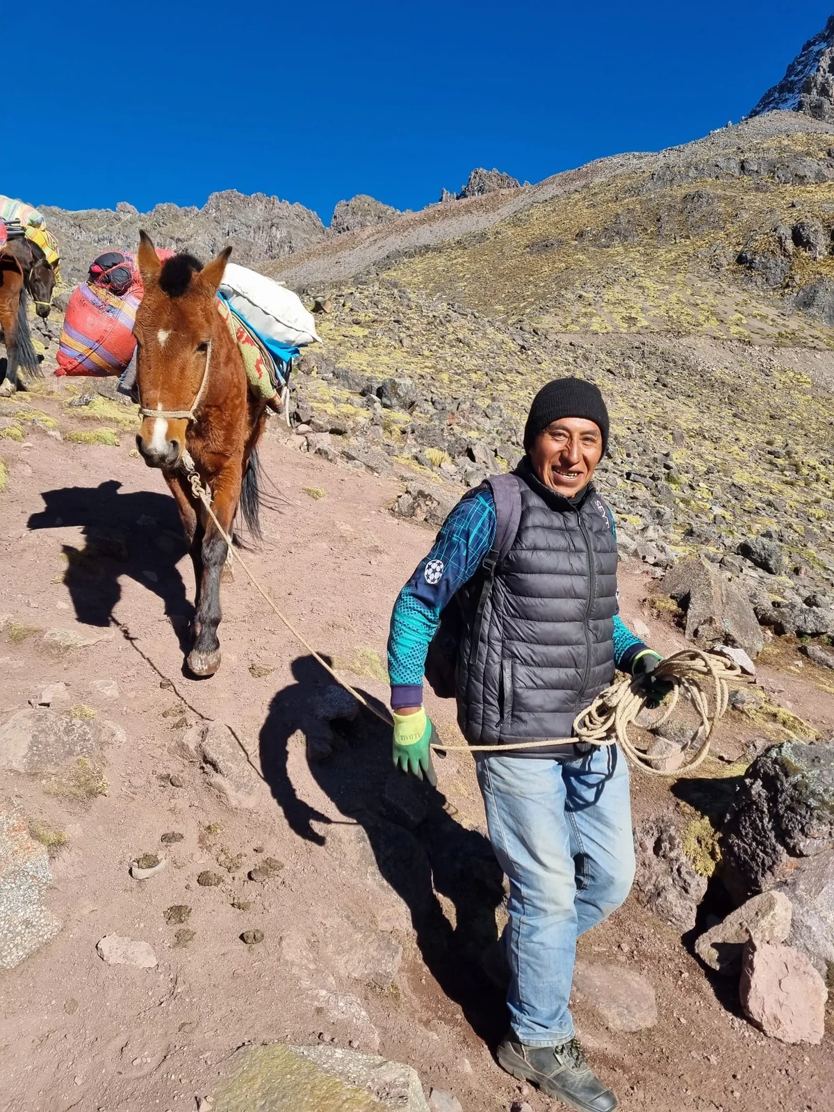 Viaggiatore accanto a un cavallo su un sentiero di montagna